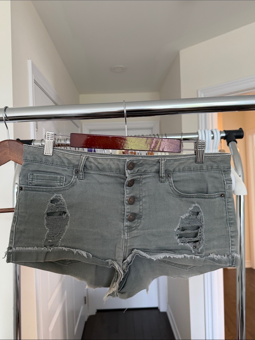 Forever 21 Olive Green Distressed High-Rise Denim Shorts